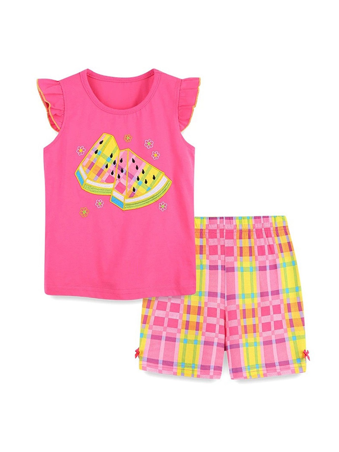 

LULU & SKY Girls Printed Pure Cotton Top With Shorts, Pink