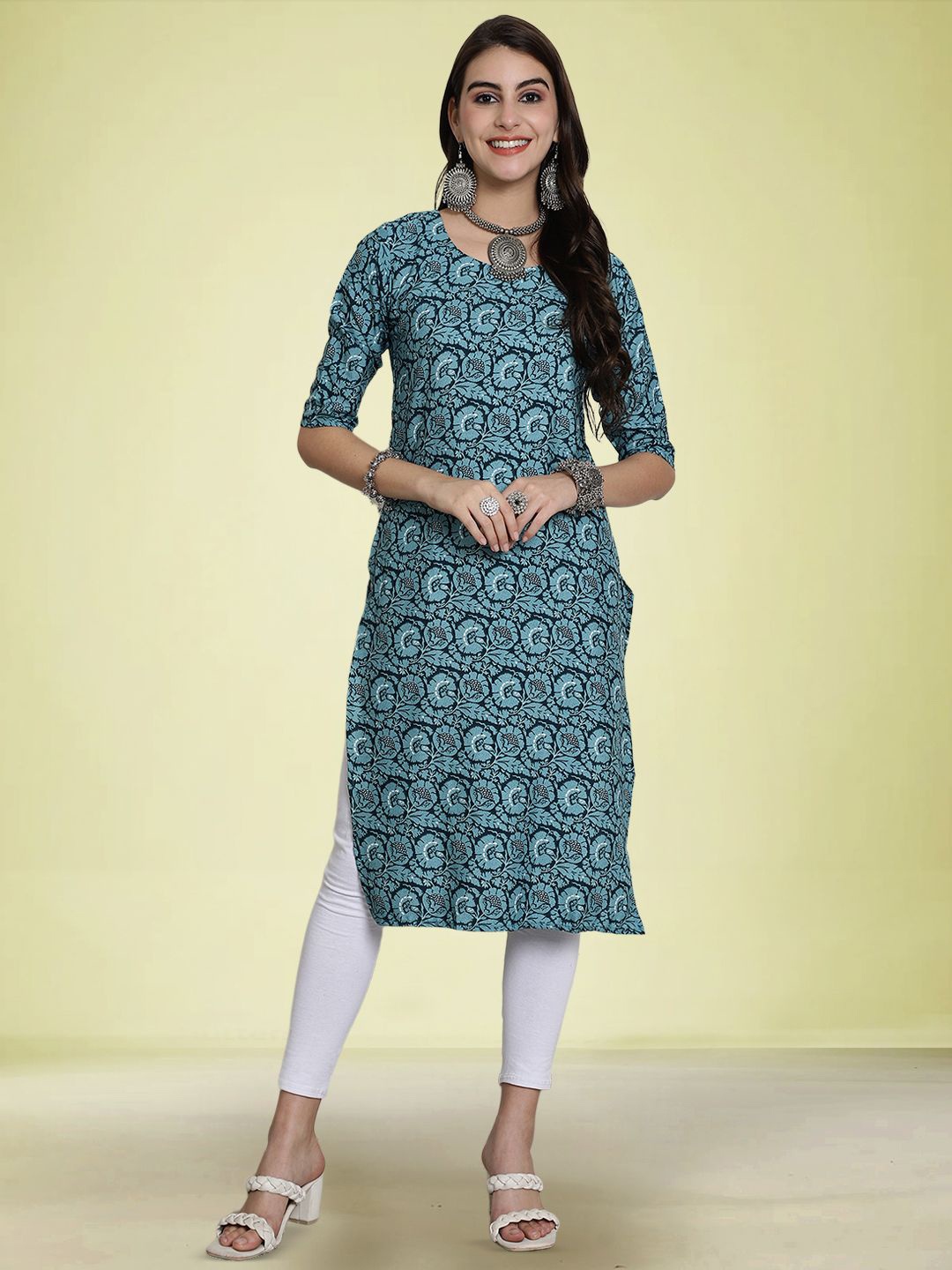 

Moda Rapido Floral Printed Round Neck Straight Kurta, Navy blue