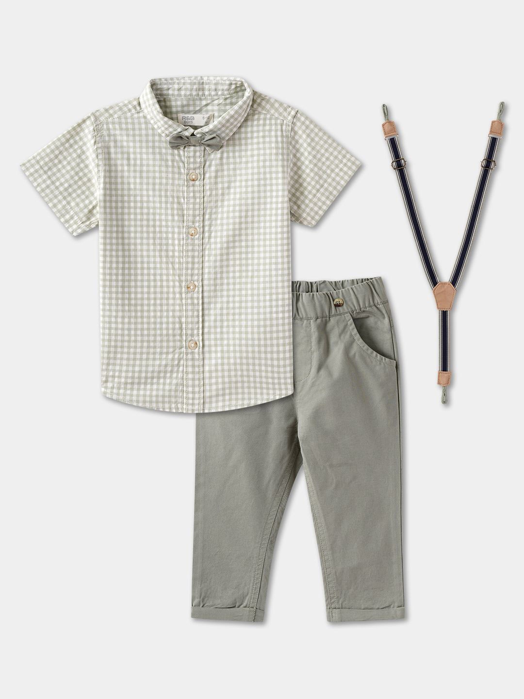 

R&B Boys Checked Shirt Collar Pure Cotton Shirt With Trousers, White