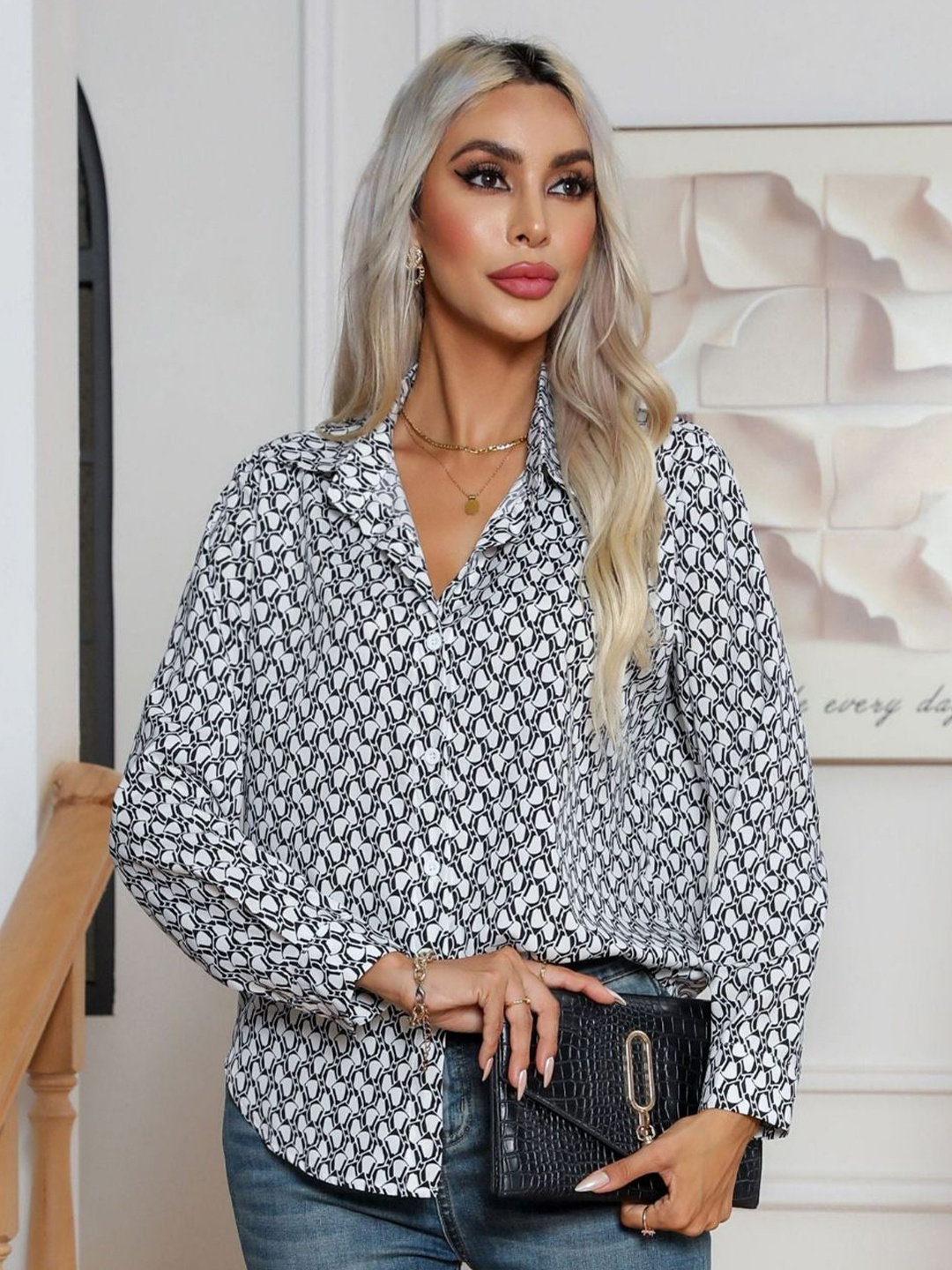 

Oh Rare Women Geometric Printed Casual Shirt, White