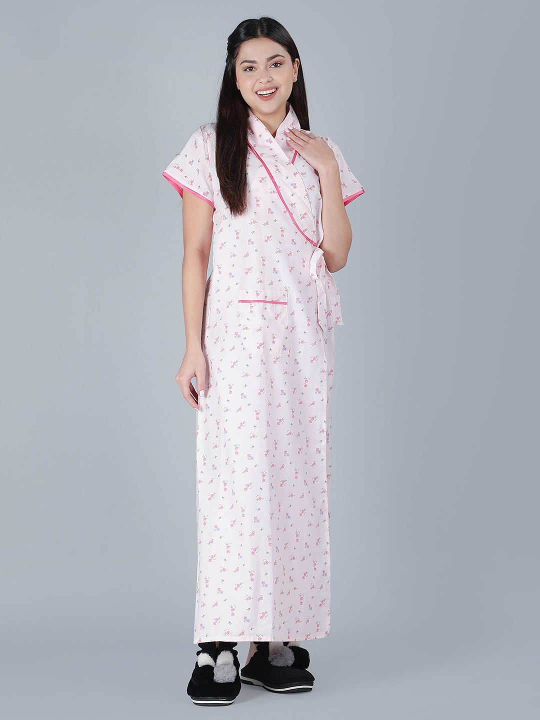 

BELLAMY Women Printed Maxi Pure Cotton Wrap Nightdress, White