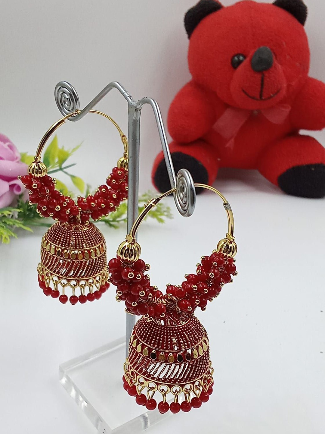 

JMBW INTERNATIONAL Gold-Plated Artificial Beaded Dome Shaped Jhumkas, Red