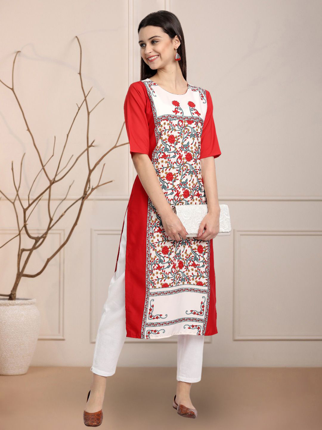 

Moda Rapido Floral Printed Round Neck Straight Kurta, Red