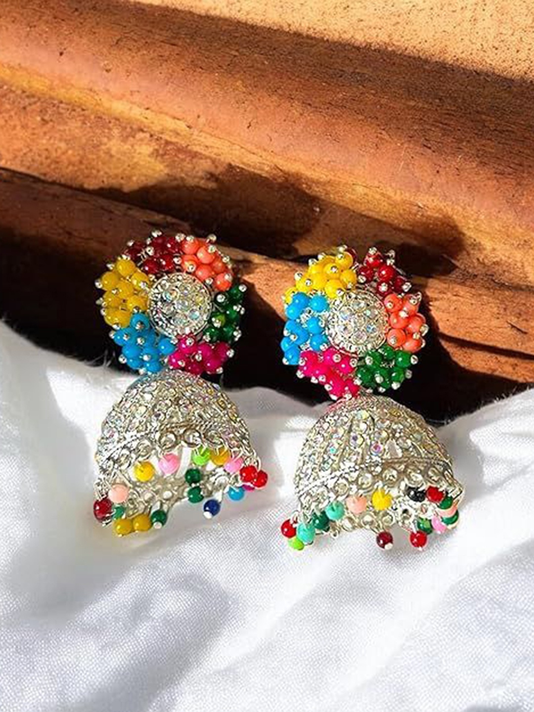 

JMBW INTERNATIONAL 925 Sterling Silver Plated Artificial Beaded Dome Shaped Jhumkas