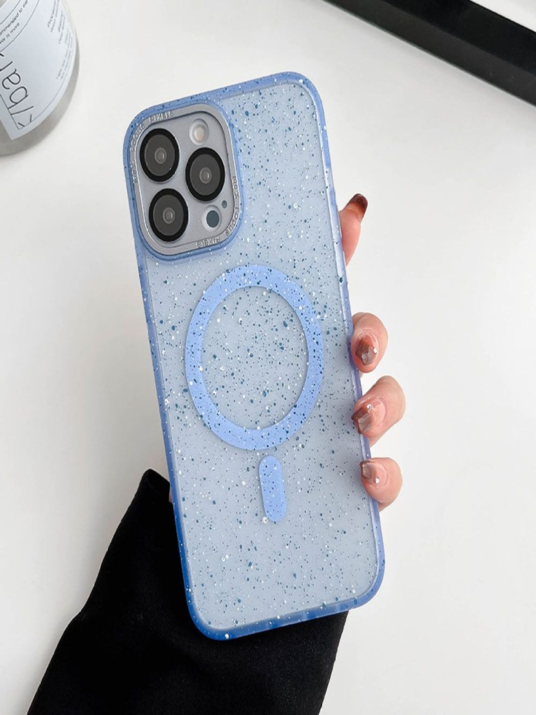 

Luxury Kase LK098 Abstract Printed iPhone 15 Pro Max Anti-Splash Ink Dot Back Case, Blue