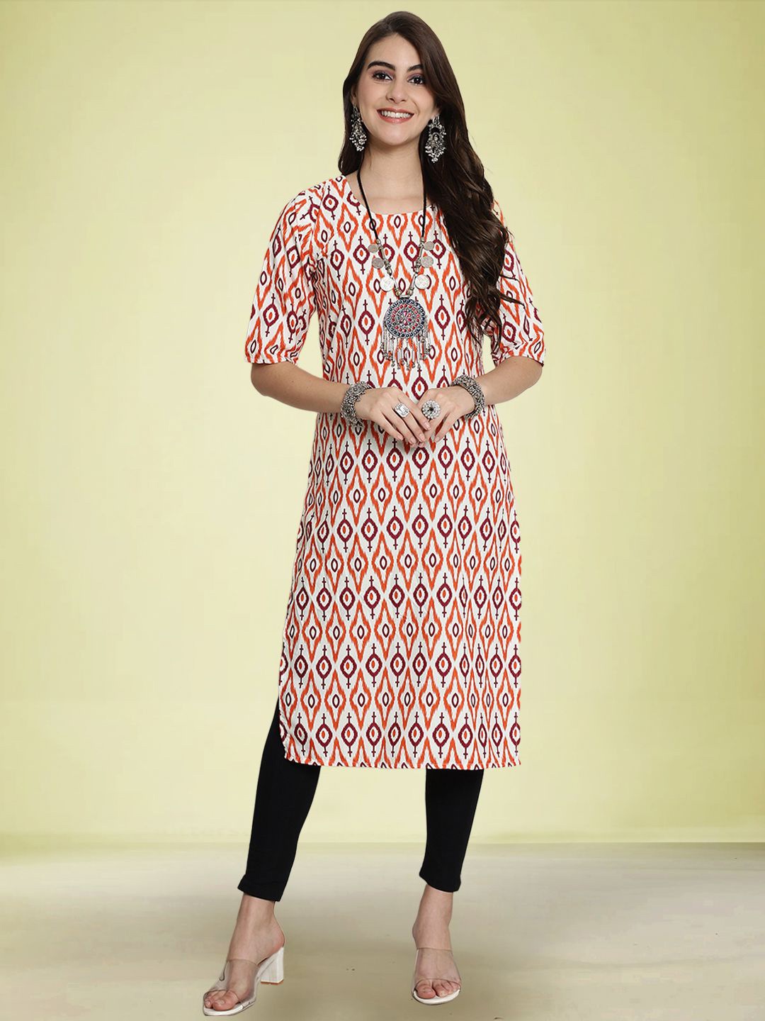 

Moda Rapido Ethnic Motifs Printed Round Neck Straight Kurta, White