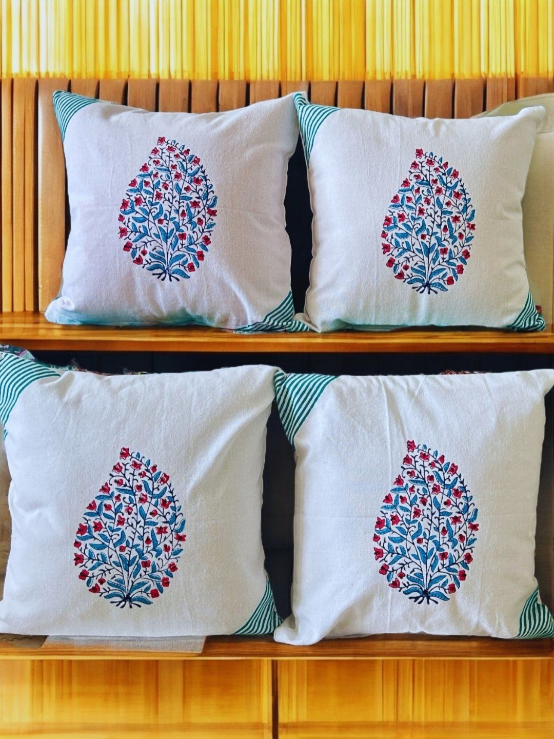 

PLAYFUL STITCHES White & Blue Set of 4 Ethnic Motifs Square Cushion Covers