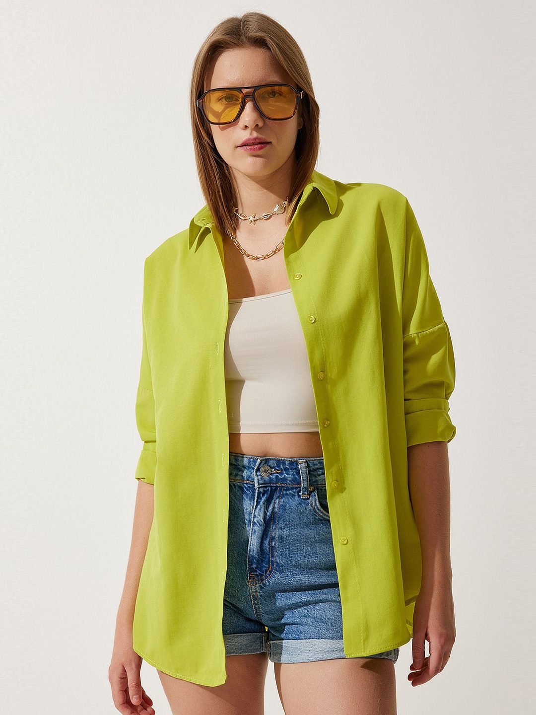 

Happiness istanbul Women Relaxed Fit Spread Collar Solid Casual Shirt, Lime green