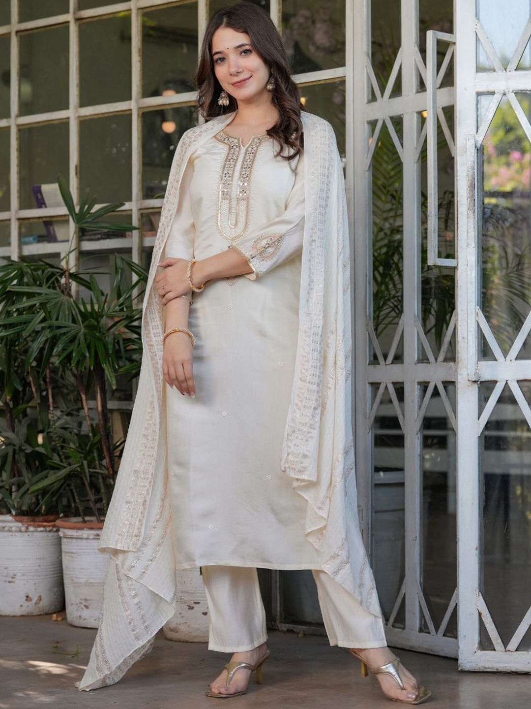 

KALINI Floral Embroidered Notch Neck Sequinned Straight Kurta With Trousers And Dupatta, Off white