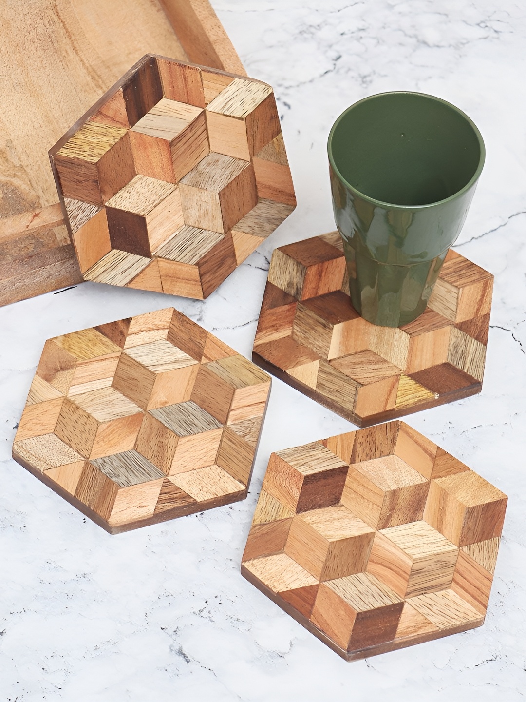 

Indianshelf Brown And Beige 4 Pieces Checked Hexagonal Shaped Wooden Dining Table Coasters