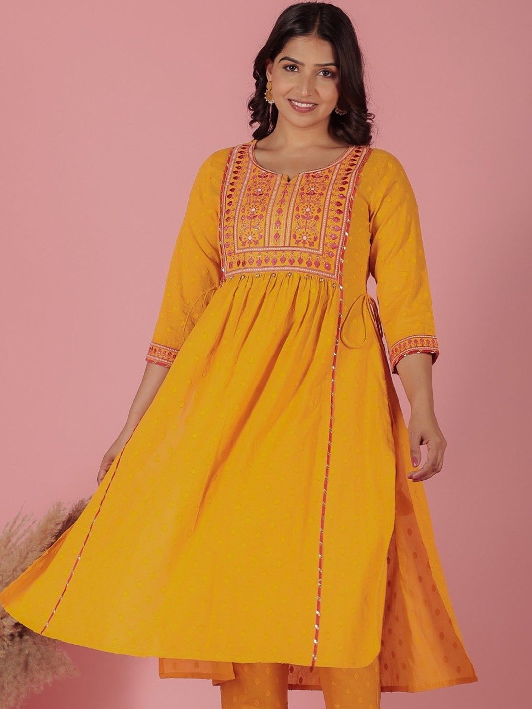 

Aramya Floral Printed Embroidered Round Neck Cotton A-Line Kurta, Yellow