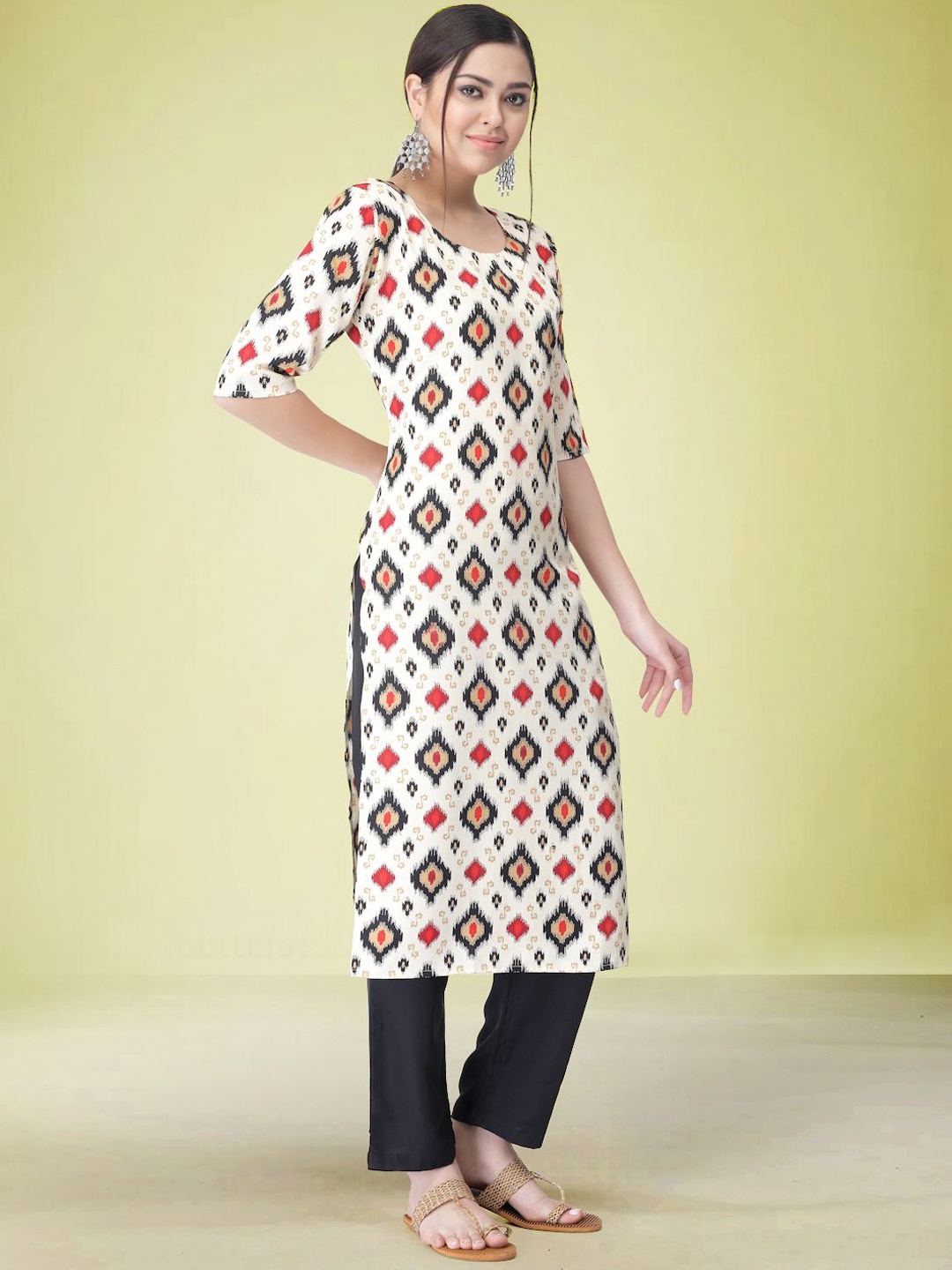 

Moda Rapido Ethnic Motifs Printed Round Neck Straight Kurta with Trouser, White