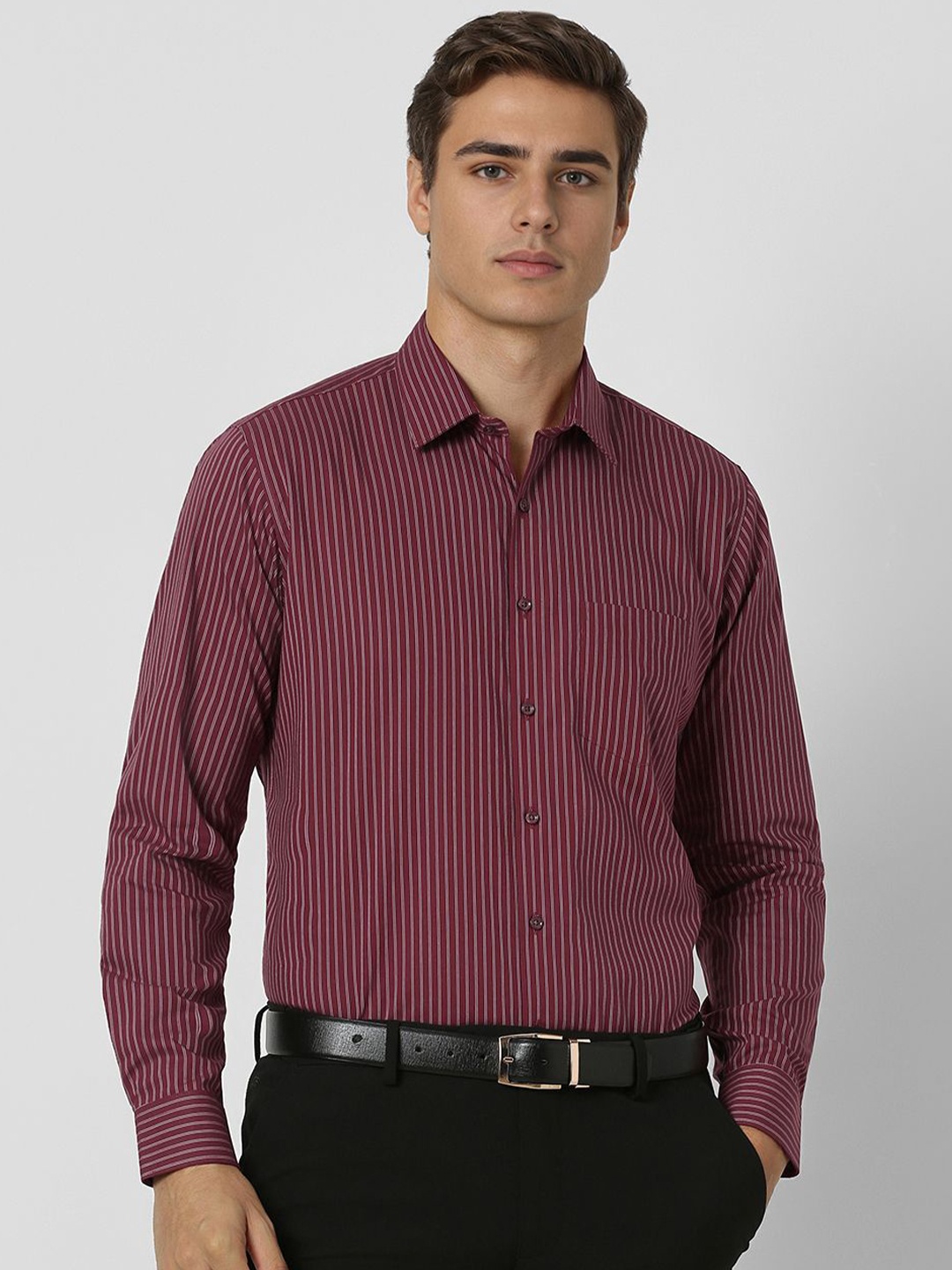 

Van Heusen Men Slim Fit Opaque Striped Formal Shirt, Maroon