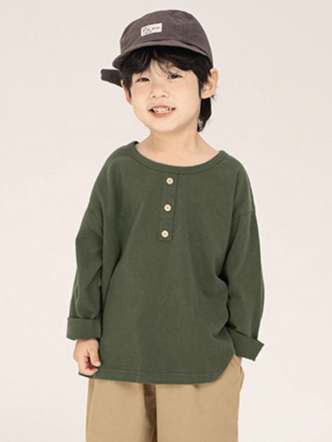 

LULU & SKY Boys Henley Neck Drop-Shoulder Sleeves Pockets T-shirt, Green