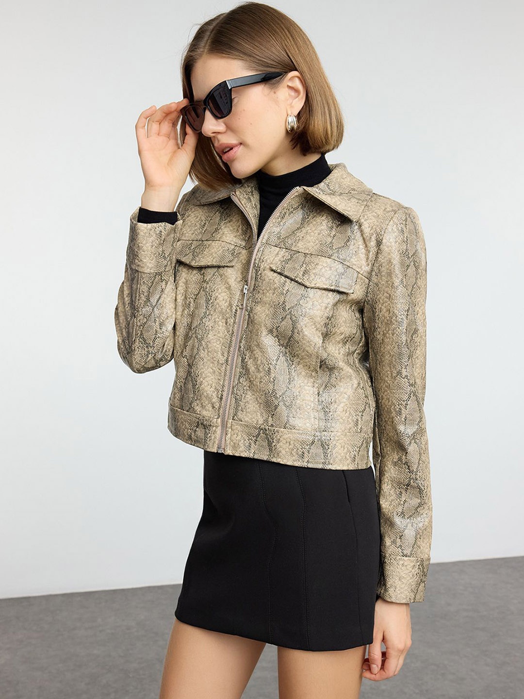 

Trendyol Women Animal Printed Crop Biker Jacket, Beige
