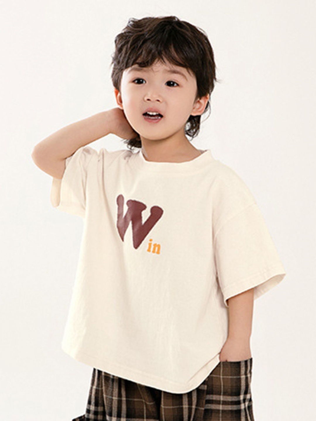 

LULU & SKY Boys Typography Printed Applique Boxy T-shirt, Beige