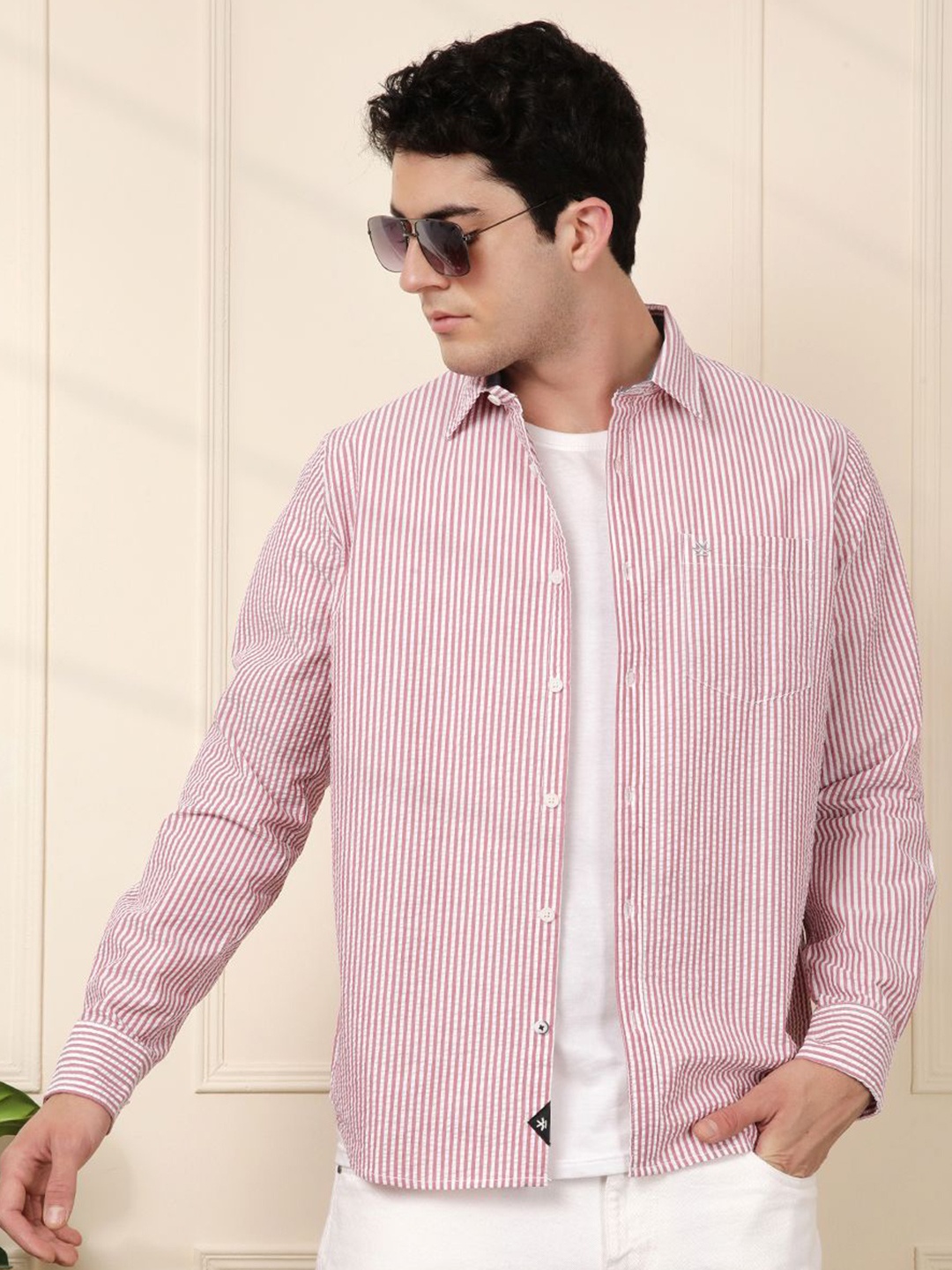 

WROGN Men Comfort Slim Fit Spread Collar Vertical Striped Cotton Casual Shirt, Red