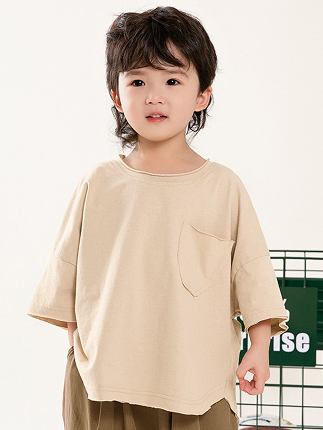 

LULU & SKY Boys Extended Sleeves Pockets T-shirt, Beige