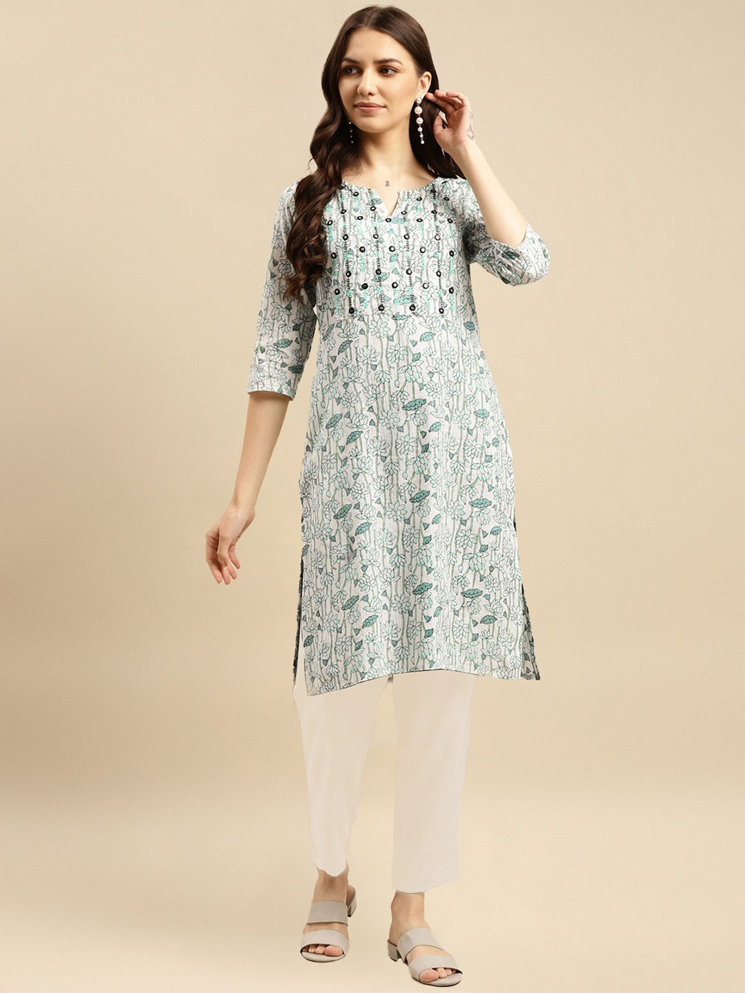 

Rangita Floral Printed Pure Cotton Straight Kurta with Trousers, White