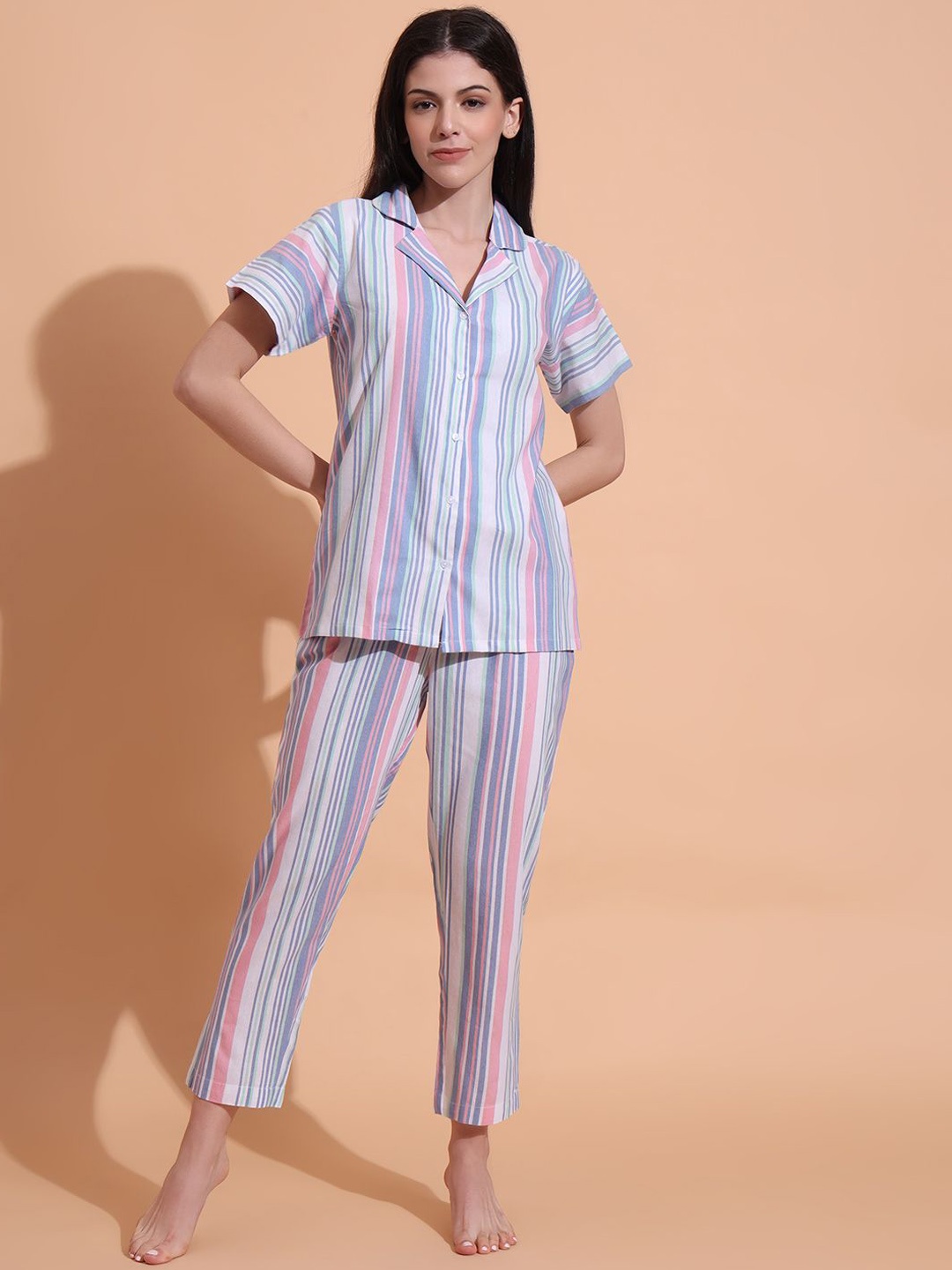

Fbella Women Striped Night suit, Purple
