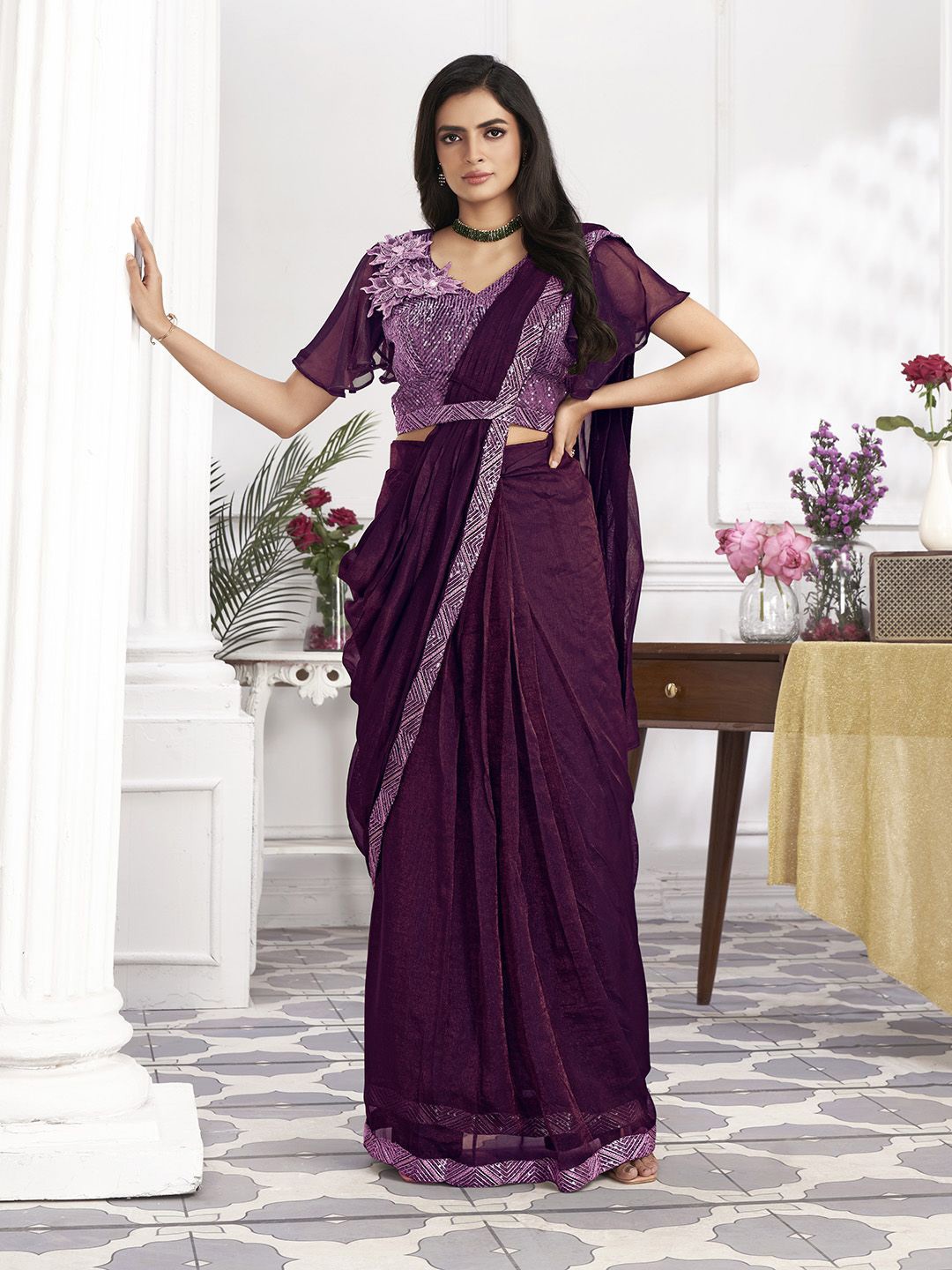 

Krimmple Sequinned Pure Georgette Ready to Wear Saree, Blue