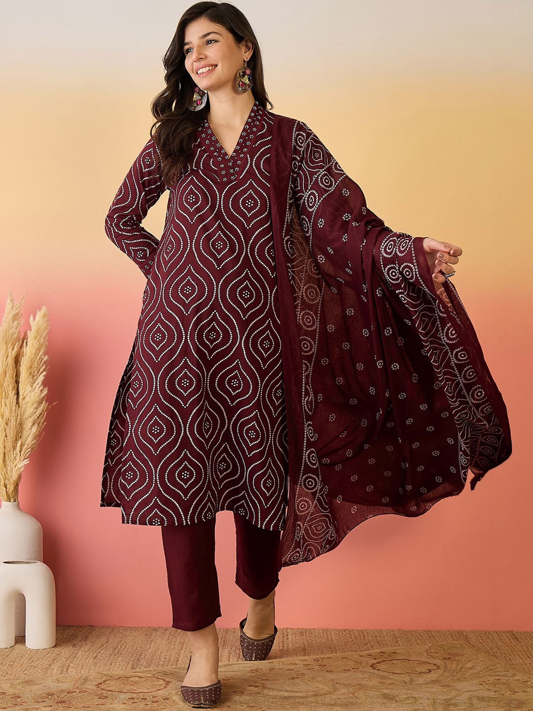 

Sangria Maroon Ethnic Motifs Printed V-Neck Pure Cotton Kurta With Trouser And Dupatta