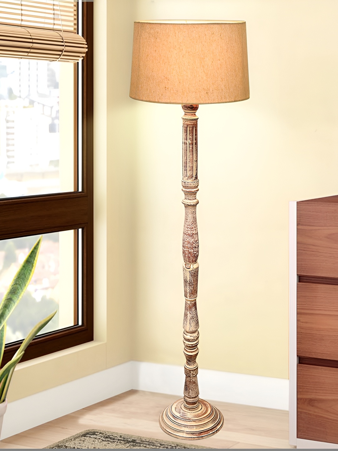 

Homesake Beige & Brown Cylinder Shaped Wooden Floor Lamp