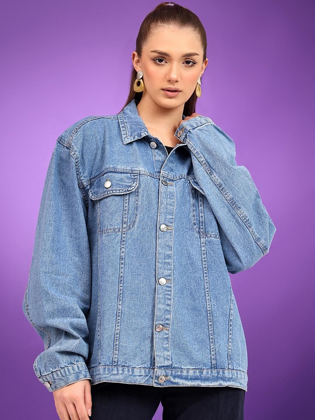 

Kotty Women Spread Collar Solid Casual Denim Jacket, Blue