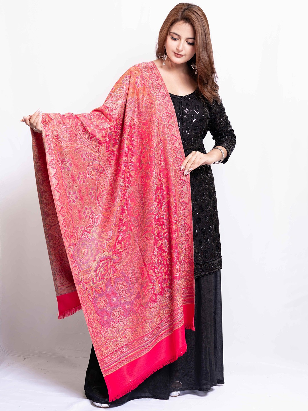 

PASHGIRI Ethnic Motifs Woven Design Wwoolen Shawl, Pink