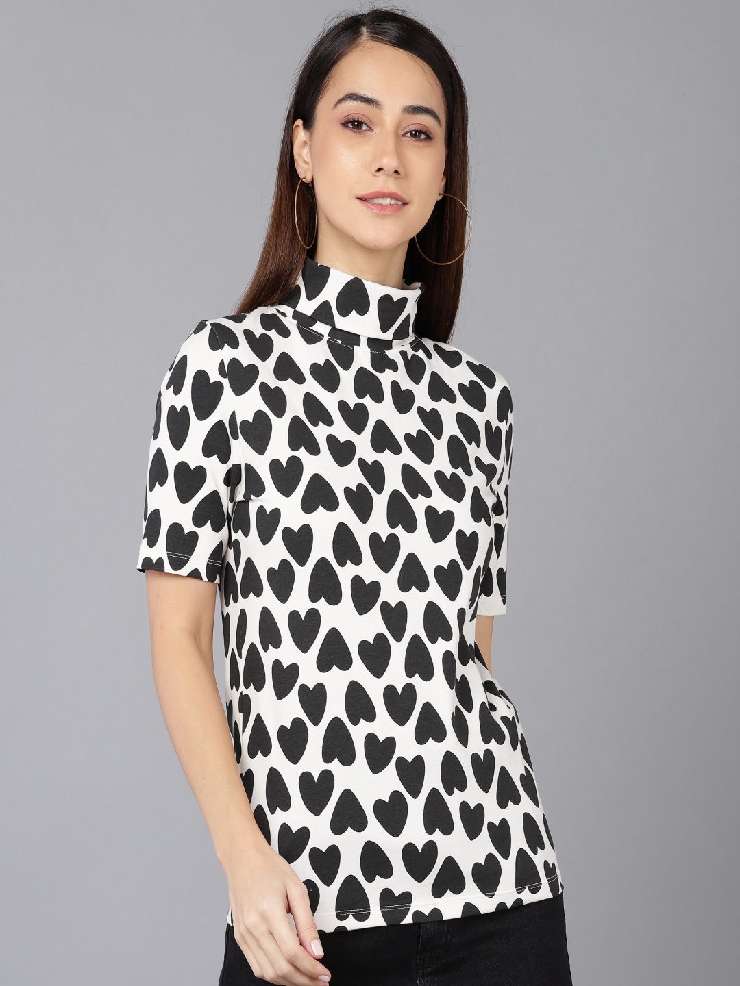 

Moda Rapido Women Printed Turtle Neck Monochrome Pockets Slim Fit T-shirt, White