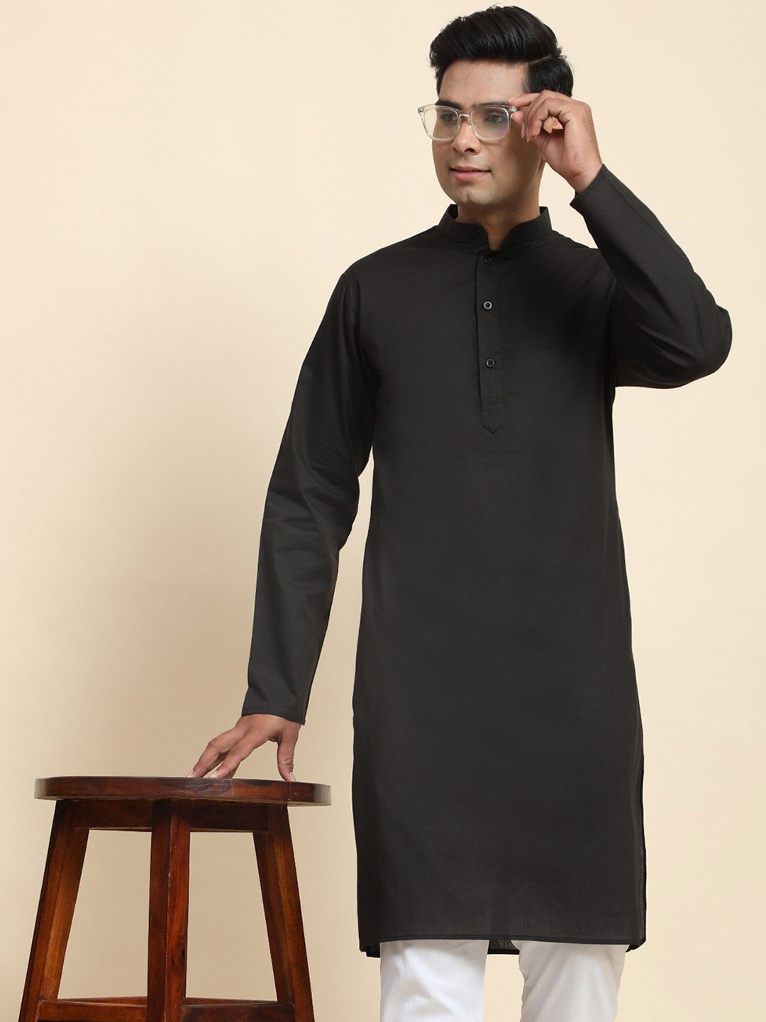 

Moda Rapido Band Collar Pure Cotton Straight Kurta, Black