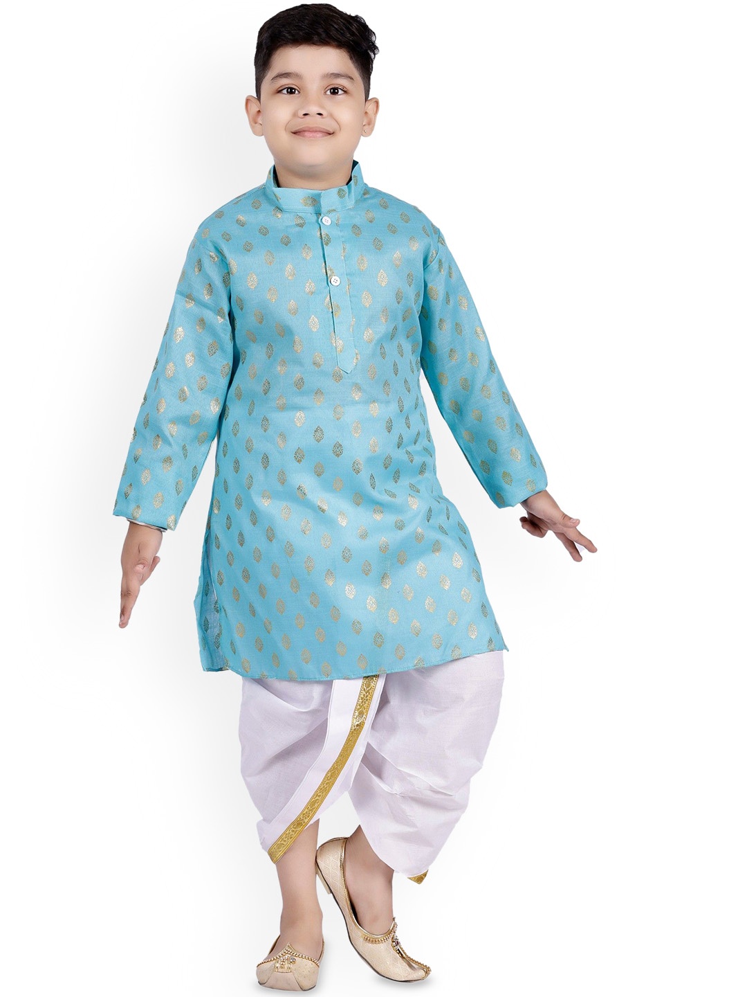 

BAESD Boys Ethnic Motifs Printed Mandarin Collar Straight Kurta with Dhoti Pants, Blue