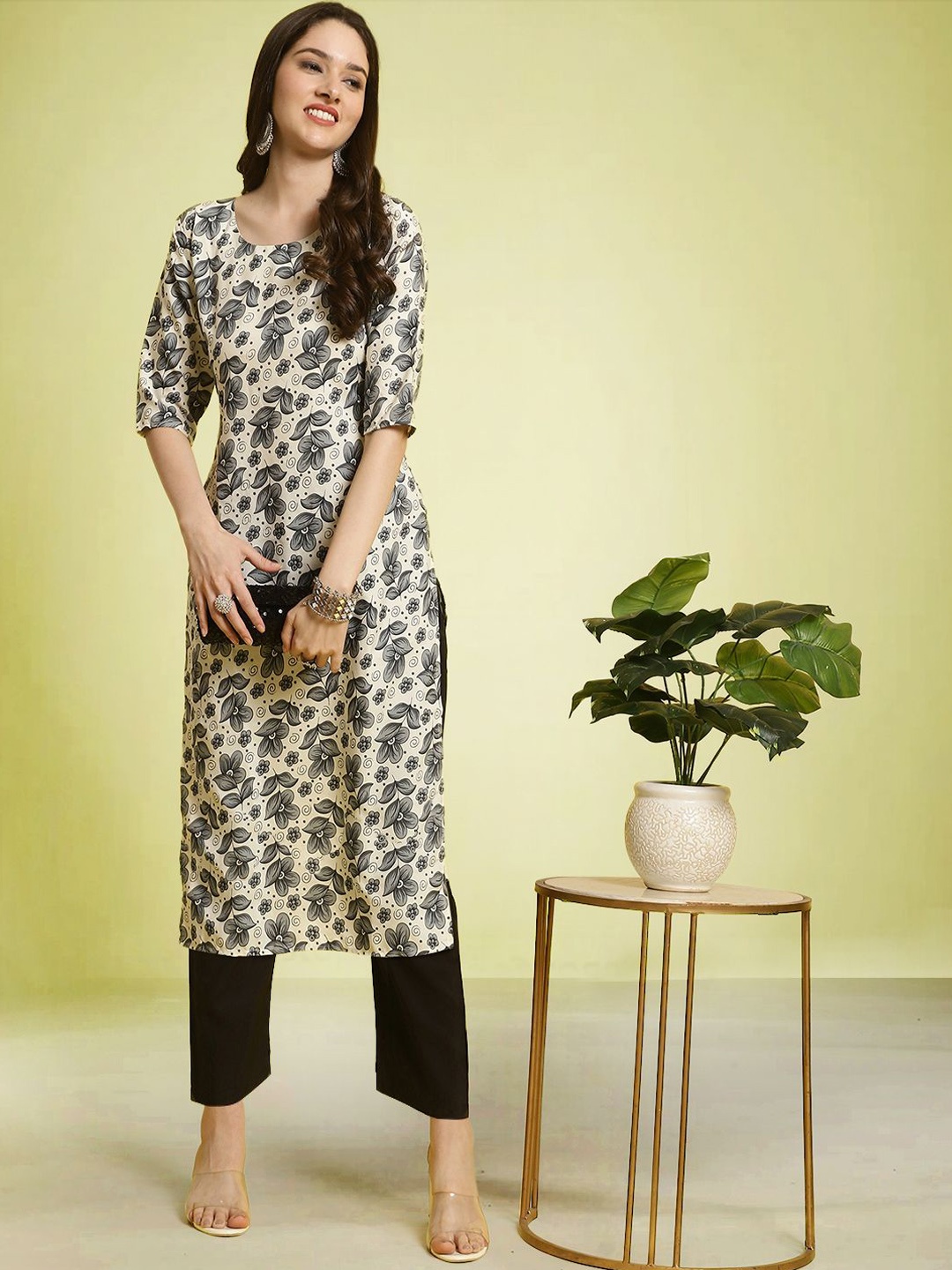 

Moda Rapido Floral Printed Round Neck Straight Kurta with Trousers, Olive