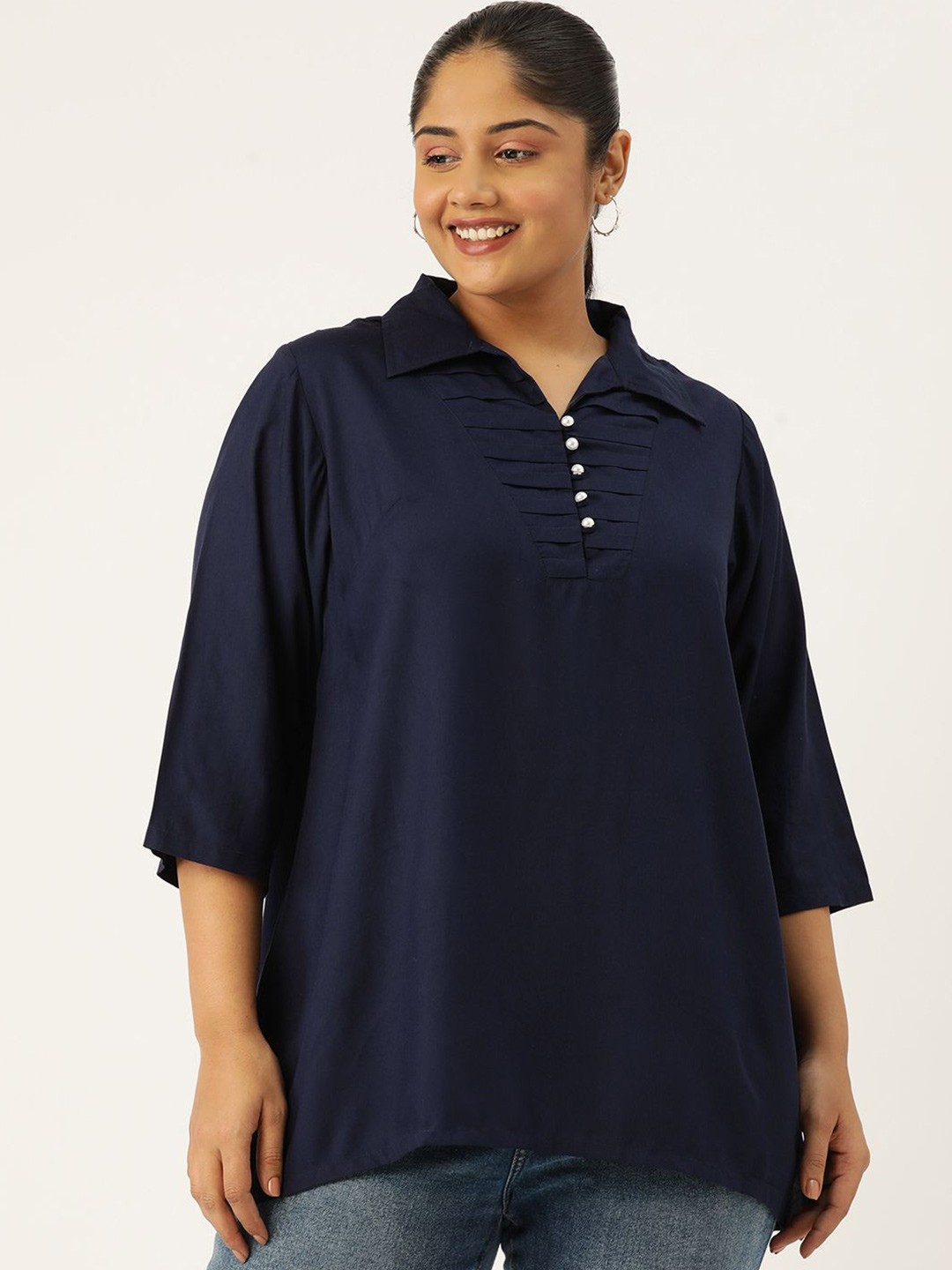 

theRebelinme Women Plus Size Shirt Collar A-Line Top, Navy blue
