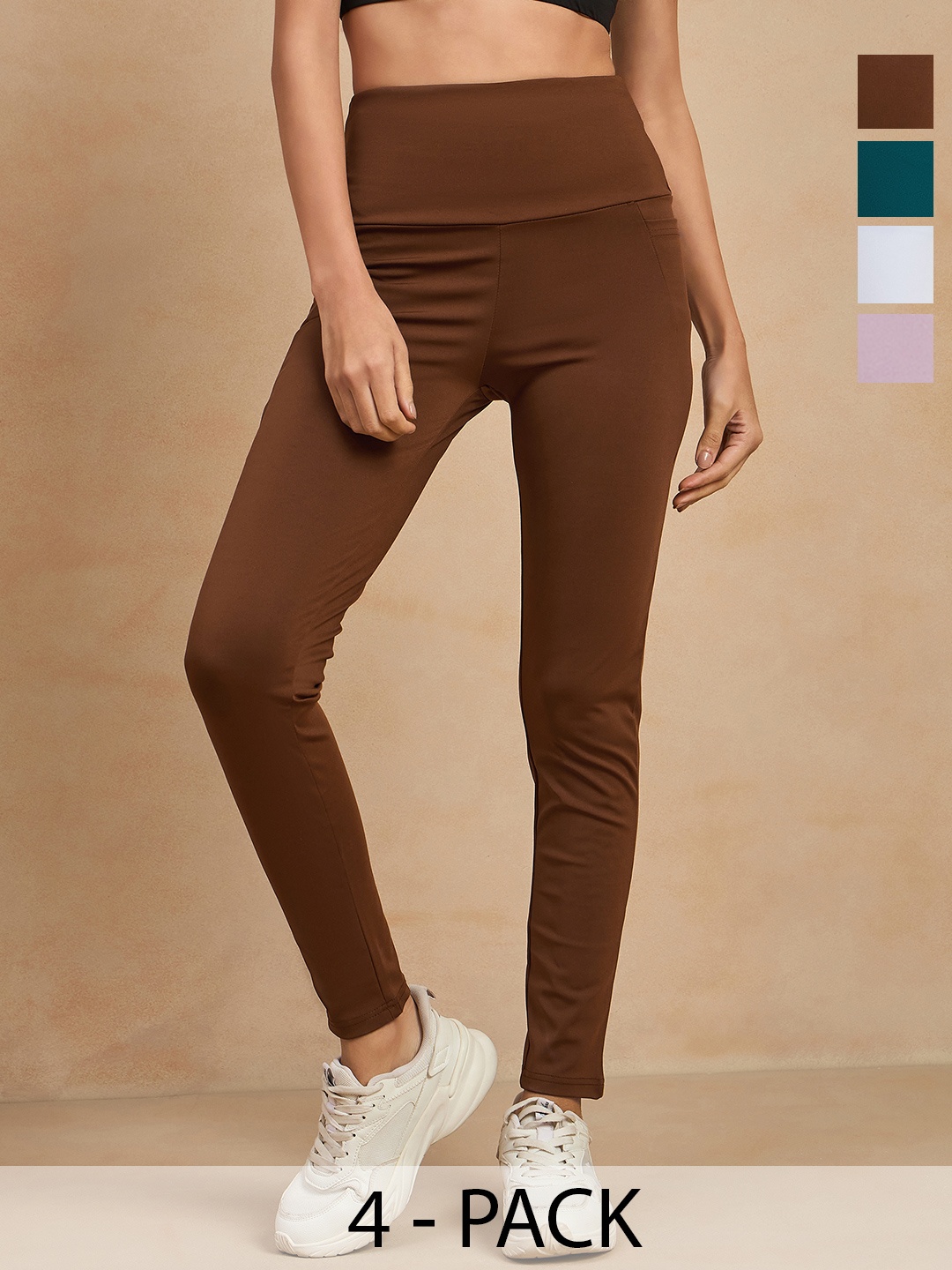 

COLOR CAPITAL Women Pack of 4 Skinny Fit Antimicrobial Ankle Length Gym Tights, Brown
