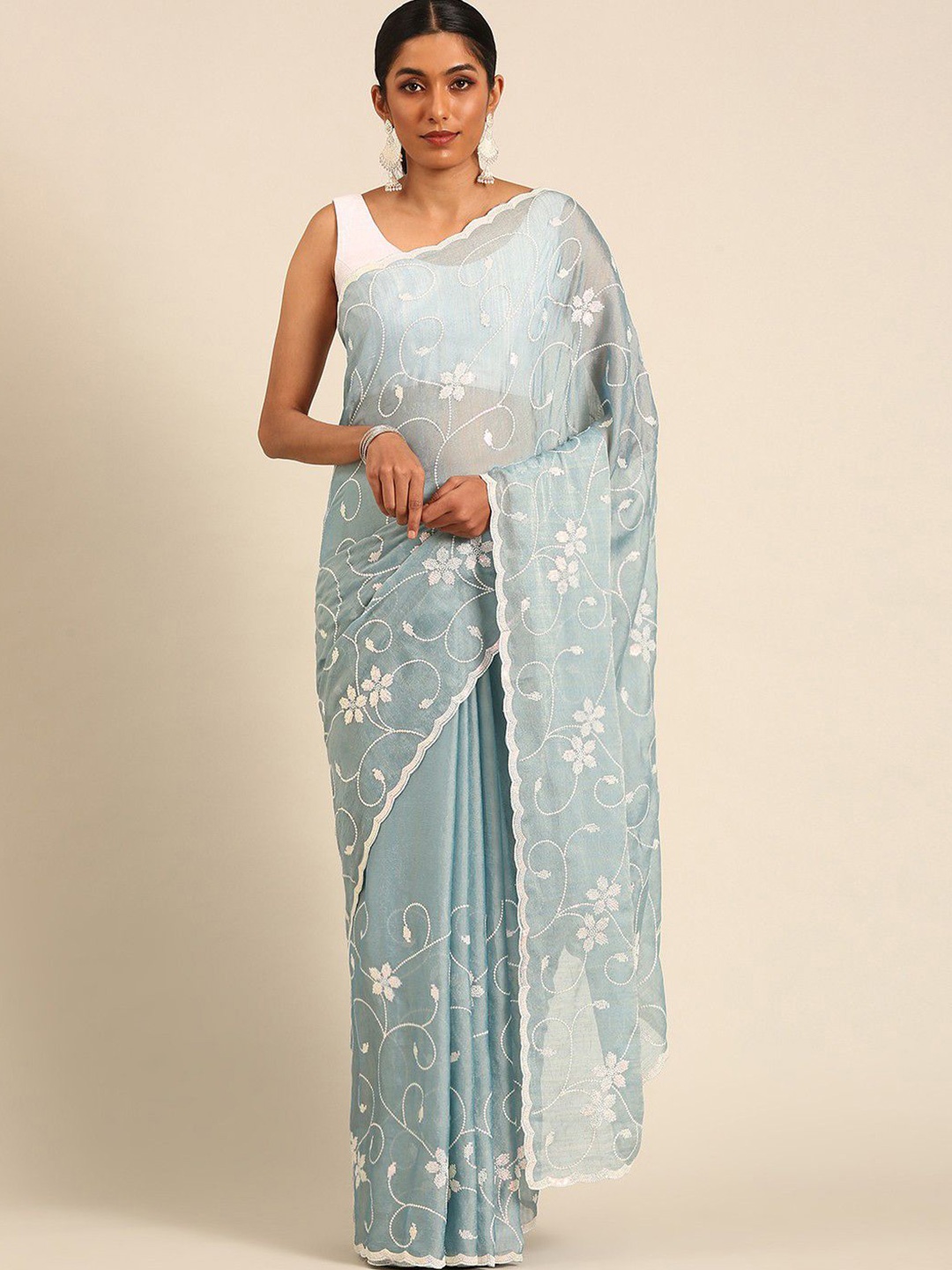 

Panzora Floral Sequinned Poly Chiffon Saree, Blue