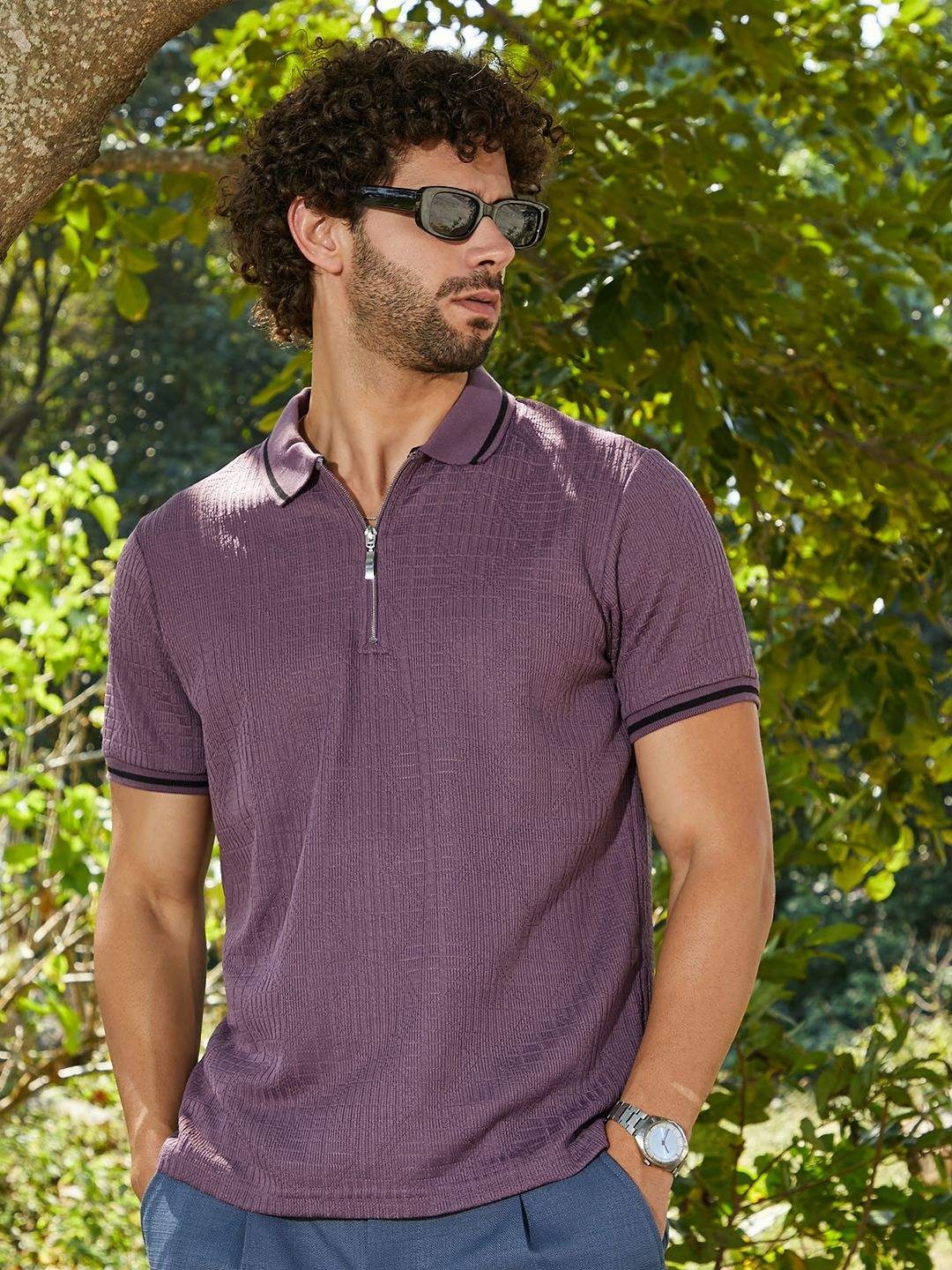 

Campus Sutra Men Self Design Polo Collar Cotton T-shirt, Purple