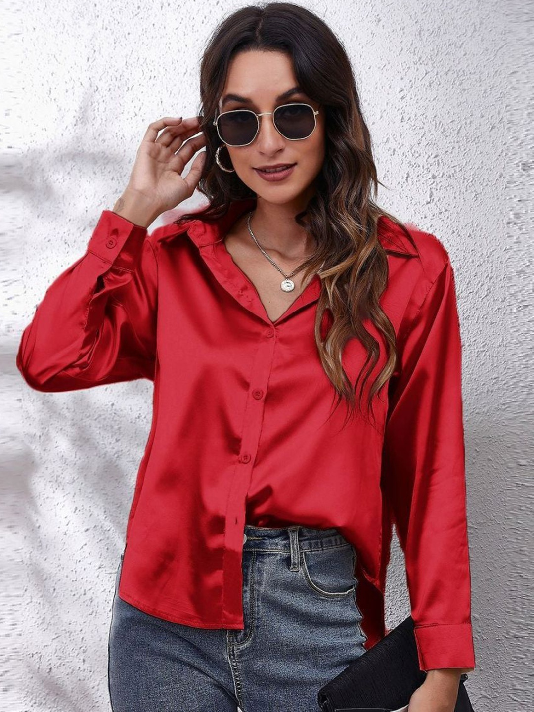 

Oh Rare Women Relaxed Fit Spread Collar Solid Casual Shirt, Red