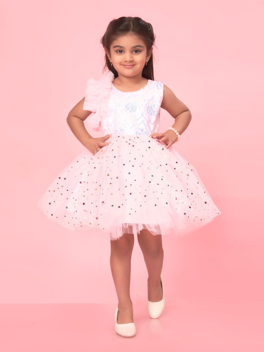 

YK Girls Floral Print Net Fit & Flare Dress, Pink