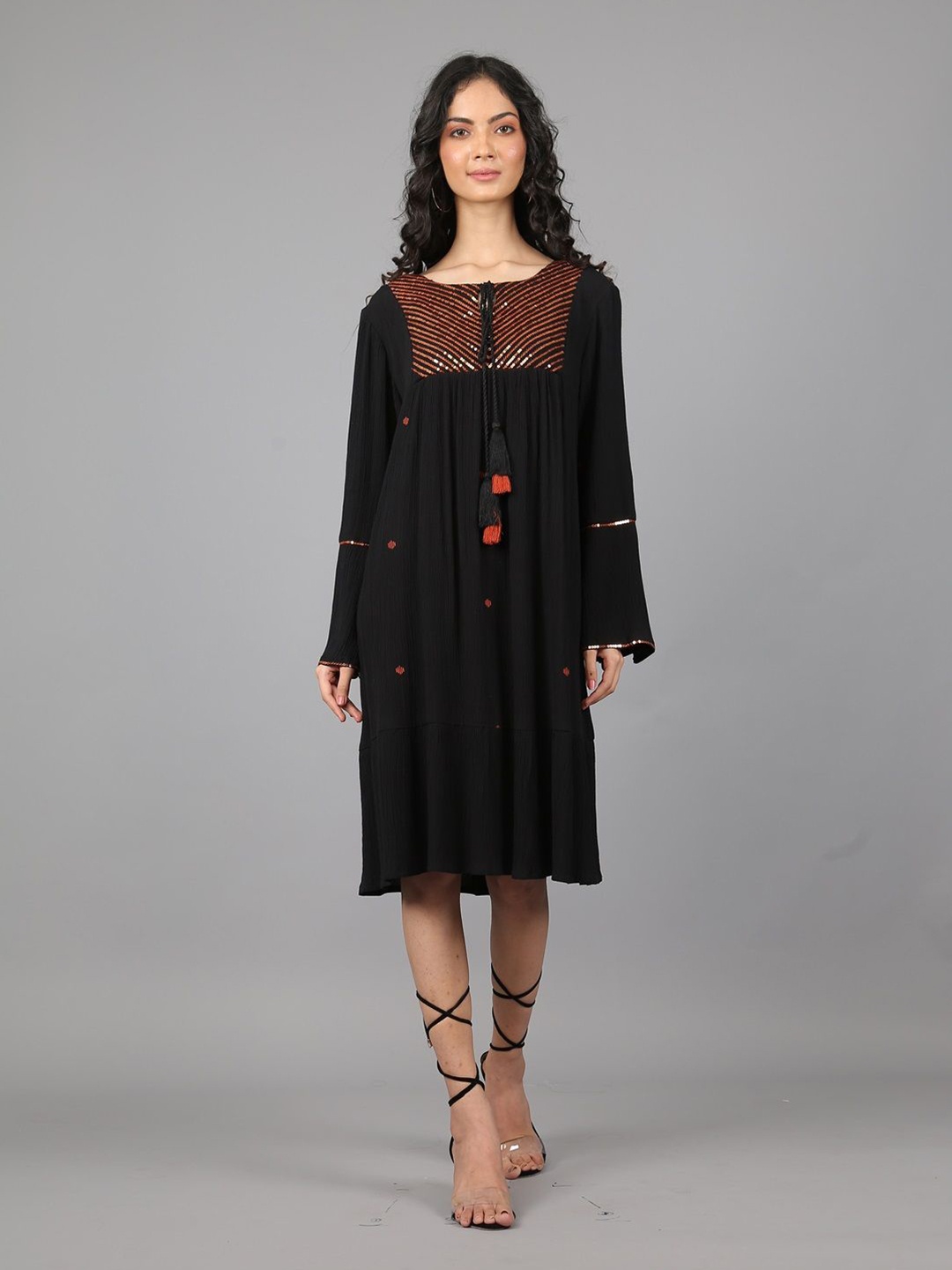 

STIL O STITCH Floral Embroidered A-Line Dress, Black