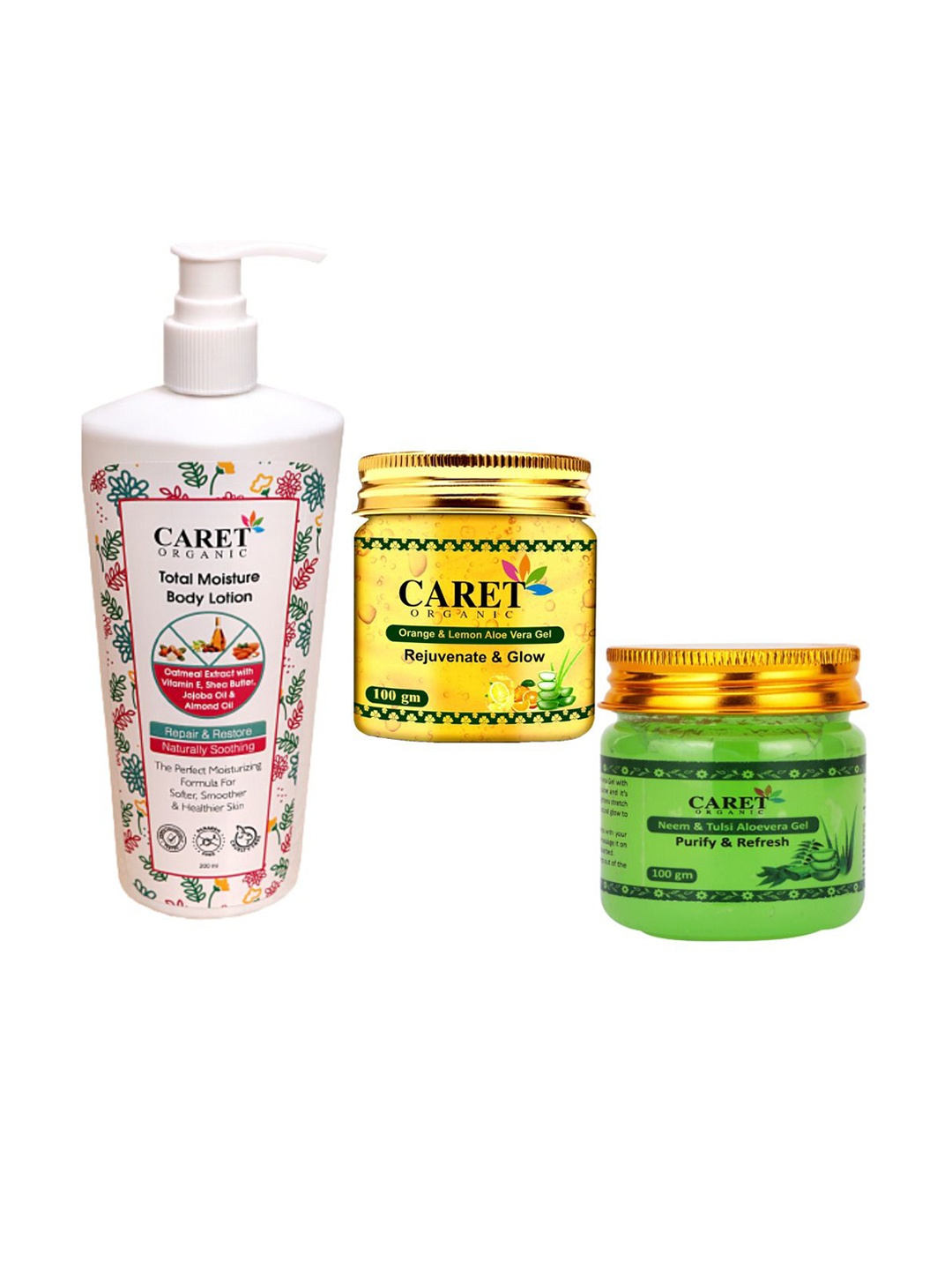 

CARET ORGANIC Set Of 3 Total Moisture Body Lotion, Orange & Neem Aloevera Gel, White