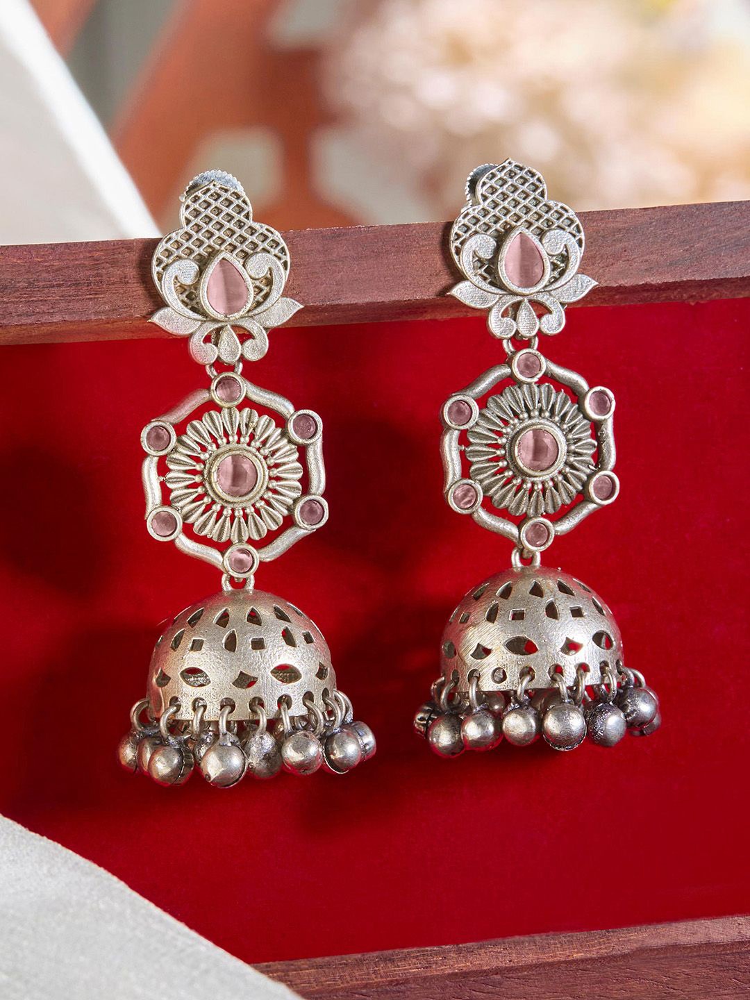 

Priyaasi Silver Plated Oxidised Crystals Stone Studded Dome Shaped Jhumkas