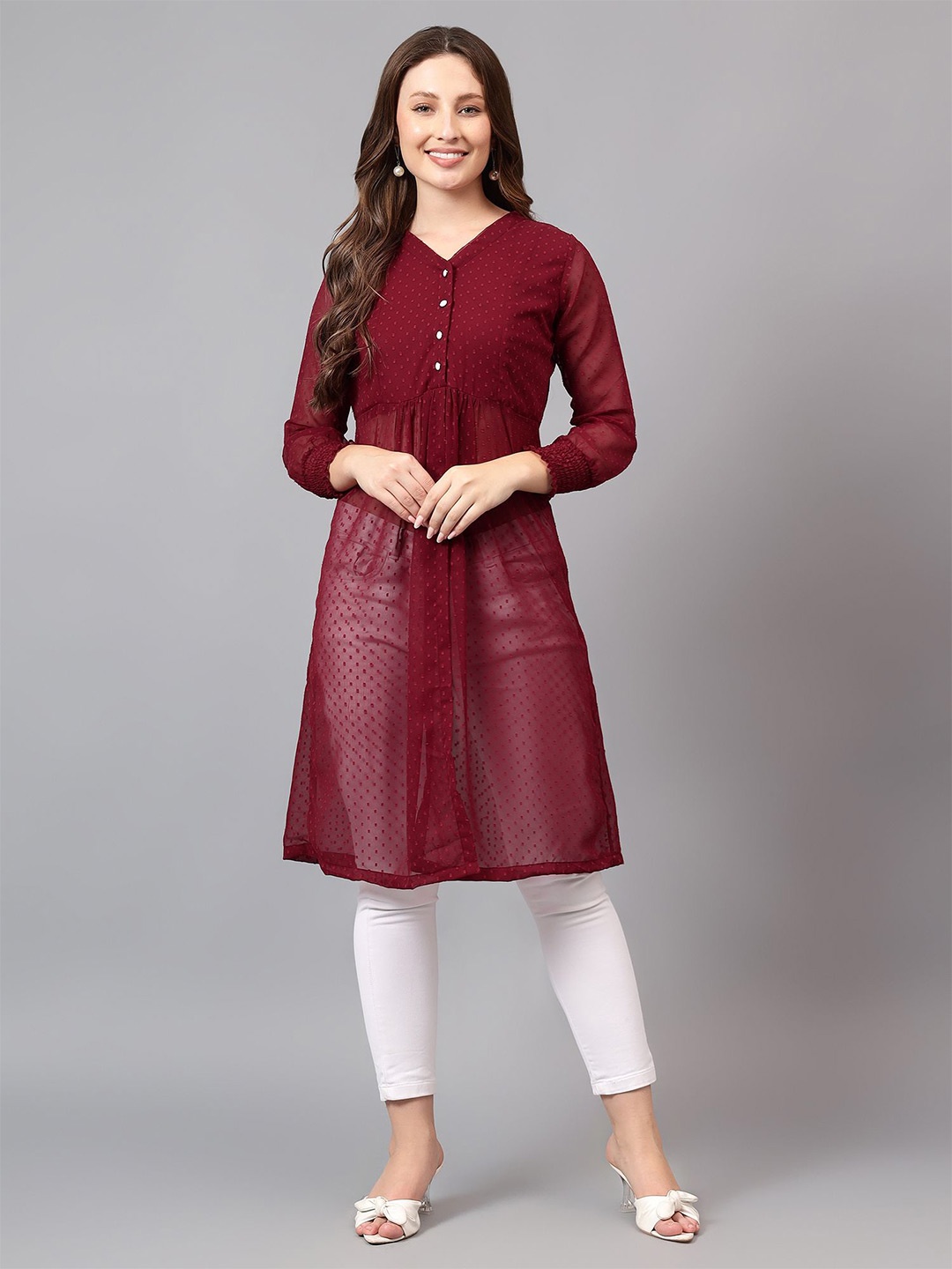 

Bright Nex Women Puff Sleeve Georgette A-Line Dress, Maroon