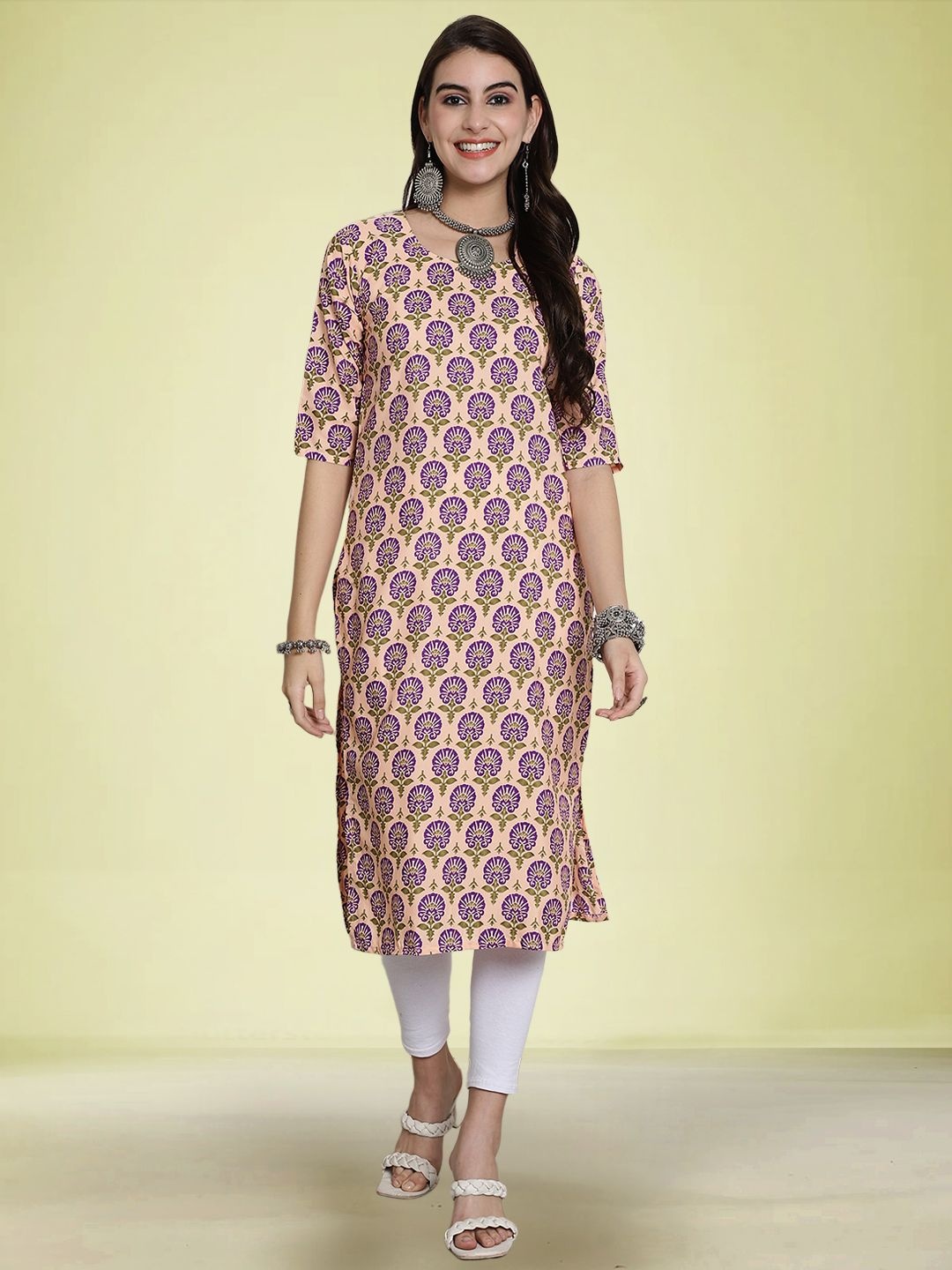 

Moda Rapido Women Printed Round Neck Straight Kurta, Beige