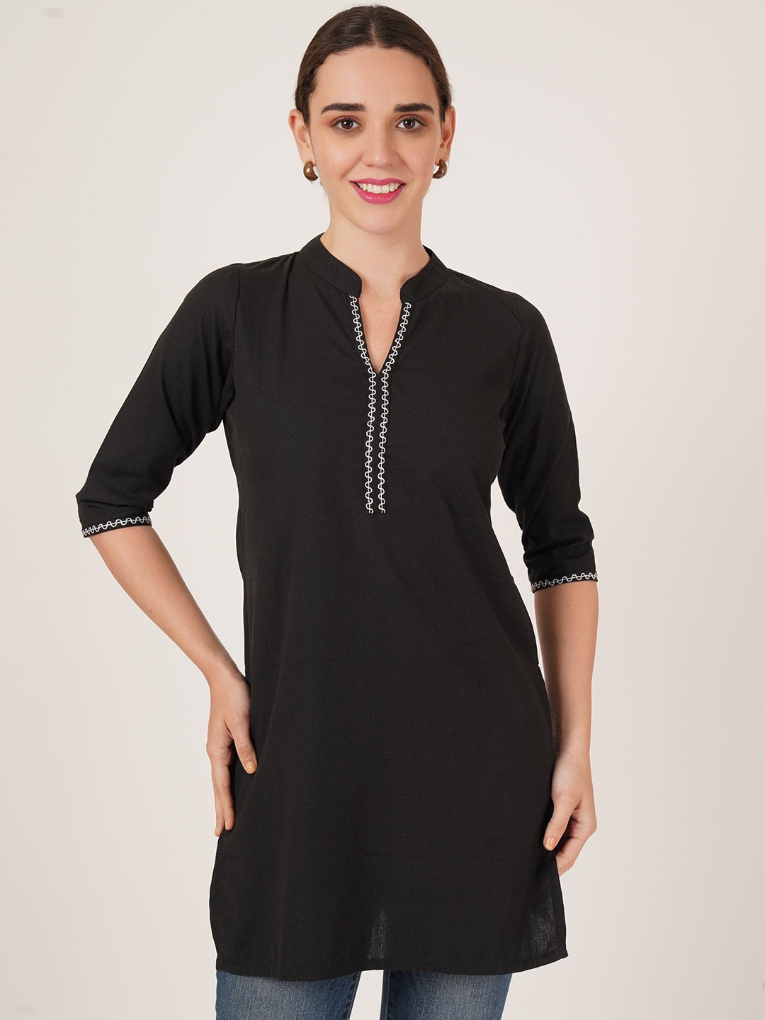 

Brownverse Mandarin Collar Thread Work Pure Cotton Straight Kurti, Black