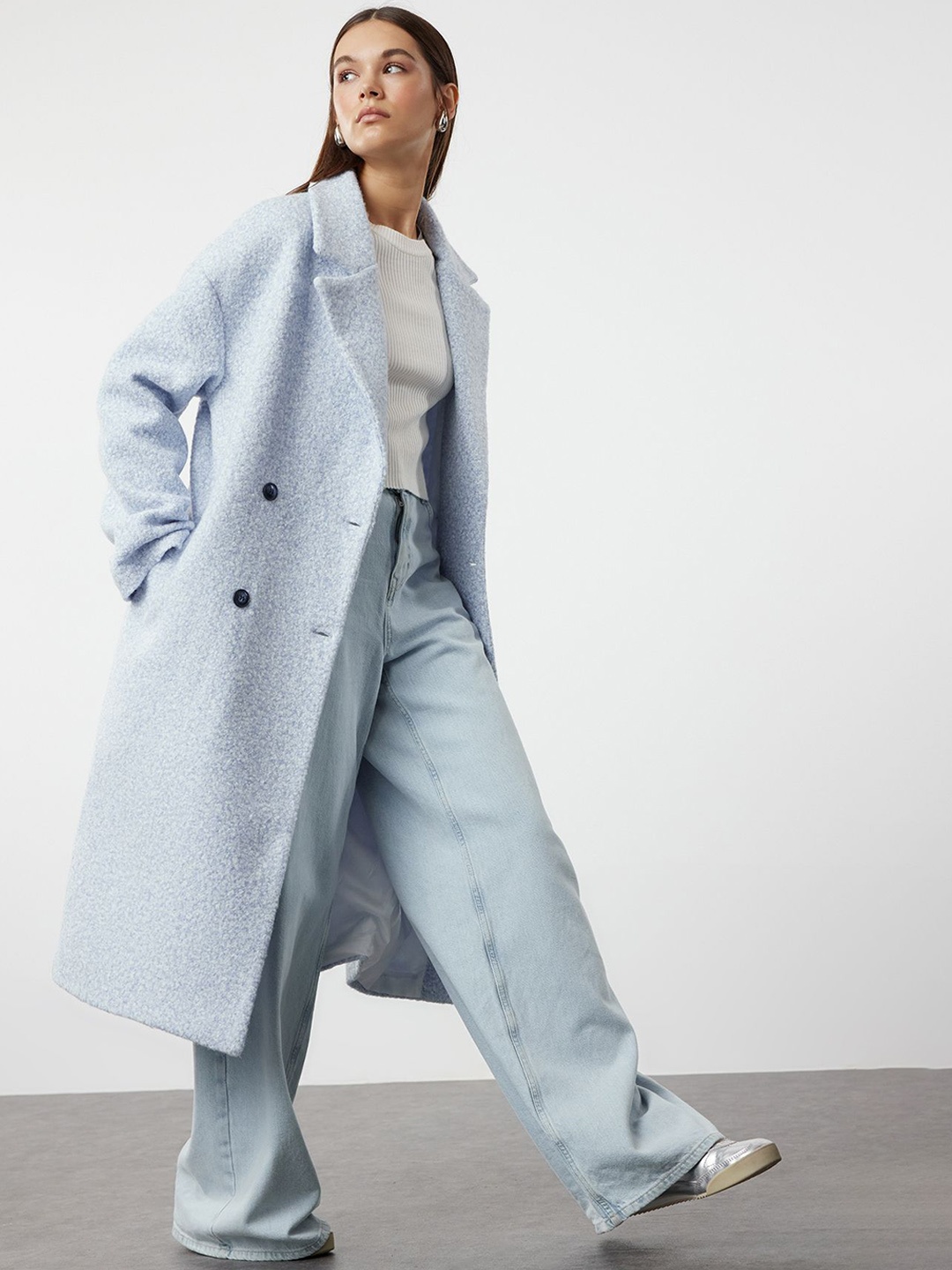 

Trendyol Long Sleeve Double-Breasted Overcoat, Blue