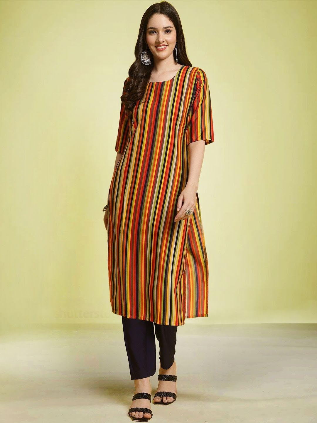 

Moda Rapido Striped Round Neck Straight Kurta with Trouser, Orange