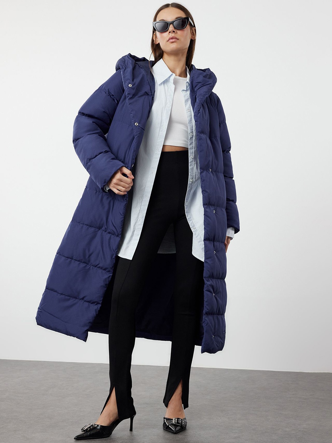 

Trendyol Women Hooded Quilted Longline Jacket, Blue