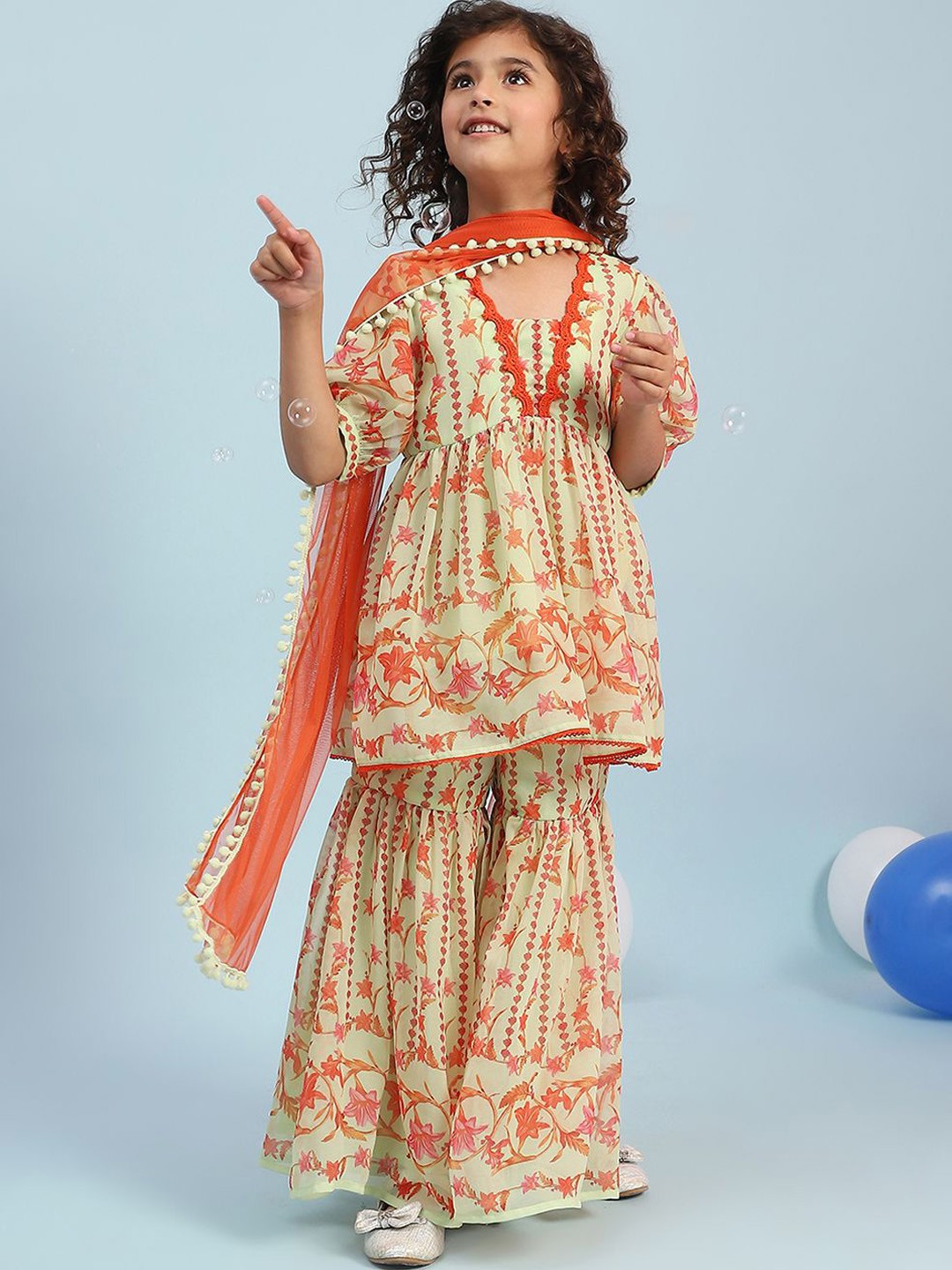 

Biba Girls Floral Printed A-Line Kurti with Sharara & Dupatta, Lime green