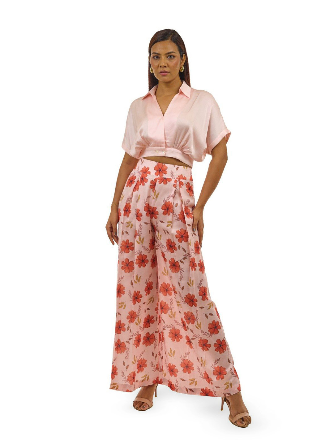 

LUXERAA Shirt Collar Top With Palazzo, Peach